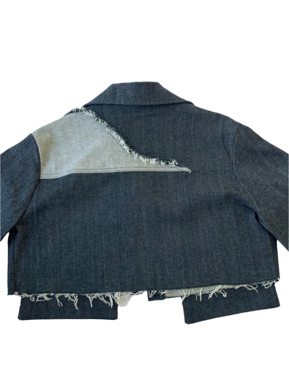 Back view of a denim jacket with frayed edges on a white background